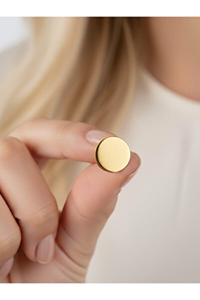bymissmücevherat 925 Ayar Gümüş Gold Renk Taşsız Yuvarlak Plaka 10 mm Kadın Küpe |