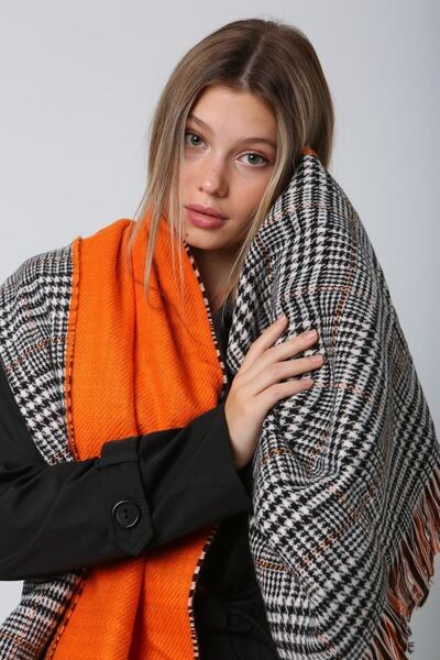 BALIENTE Γυναικείο σάλι διπλής όψης πορτοκαλί Houndstooth