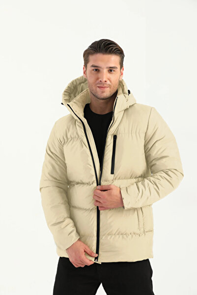 D1fference Erkek Bej Kalın Astarlı Kapüşonlu Şişme Spor Kışlık Mont