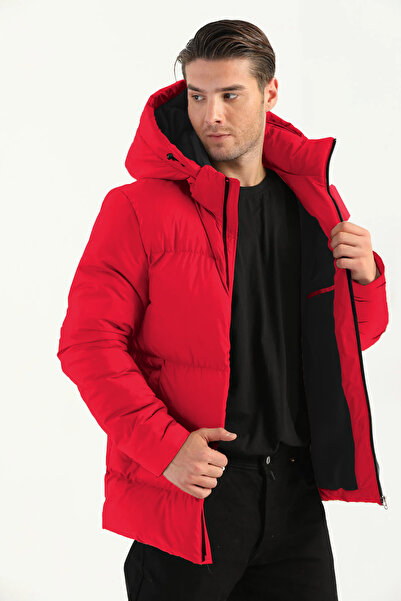 D1fference Ανδρικό χειμερινό αθλητικό παλτό με κουκούλα με κόκκινη χοντρή επένδυση