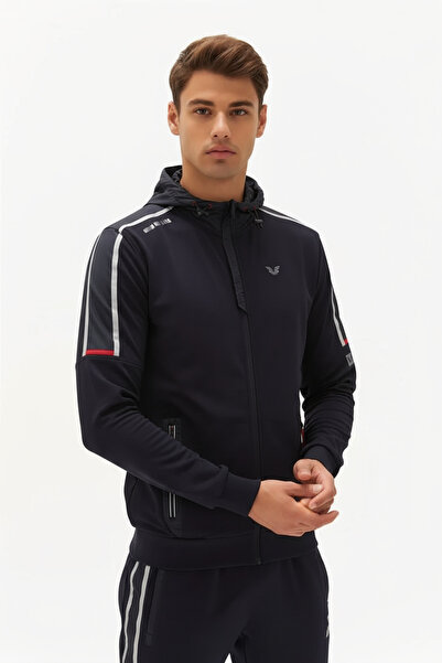 bilcee Erkek Koyu Lacivert Kapüşonlu Çizgi Detaylıeşofman Takım 0180