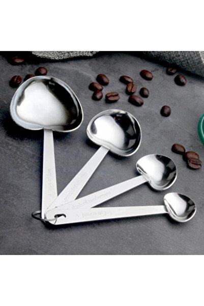 PUFO Set of 4 different sized metal spoons for measuring ingredients, spices, heart-shaped, silver
