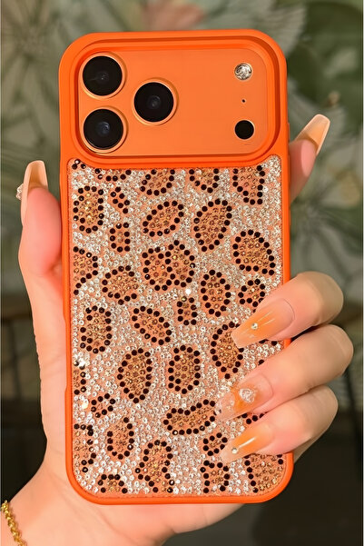 Fibaks iPhone 17 Pro Uyumlu Kılıf Içi Kadife Leopar Tasarımlı Turuncu Taşlı Işıltılı Pırlanta Silikon