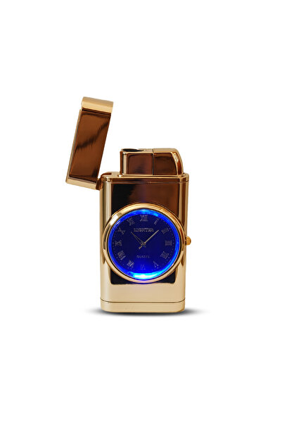 hediyeconcepti Rüzgar Geçirmez Işıklı Saatli Çakmak Gold