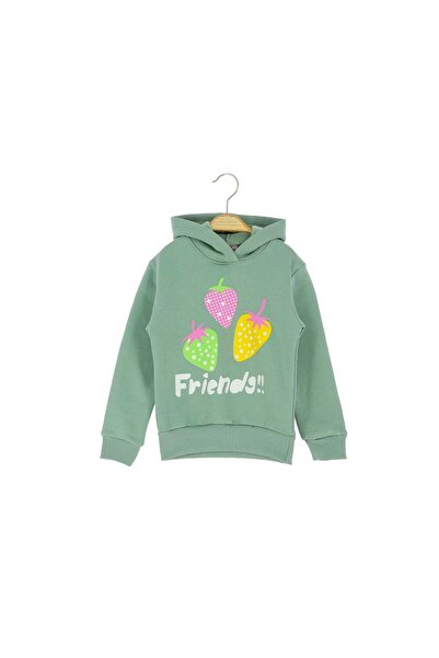 atabay Strawberry Printed Hooded Three-Thread Ribbed Sweatshirt Mint Green