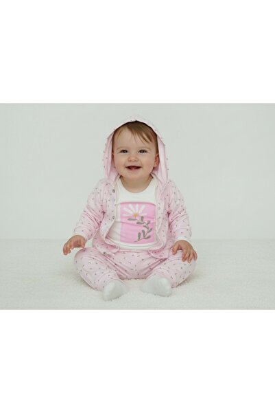 atabay Flower Printed Hooded Cardigan Body Suit Bottom Ulst Set Pink
