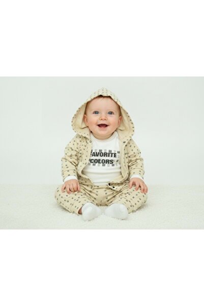atabay Favorite Printed Hooded Cardigan Body Suit Bottom Top Set Beige
