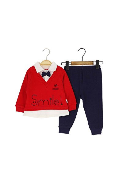 atabay Two-Ply Bottom-Top Set with Bow Tie and Smile Print, Red