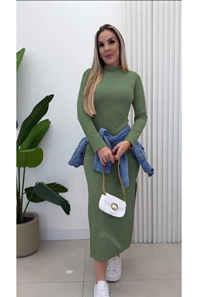 Butik Women's Long Sleeve Turtleneck Side Slit Slit Ribbed Knit Maxi Dress