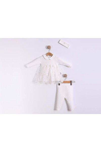 atabay Bandanali Tulle Baby Collar Combed Cotton Bottom and Top Set Ecru