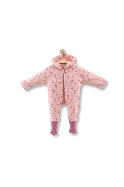 atabay Hooded Flower-Patterned Non-Slip Three-Ply Ribbed Jumpsuit with Anti-Slip Socks Dusty Rose