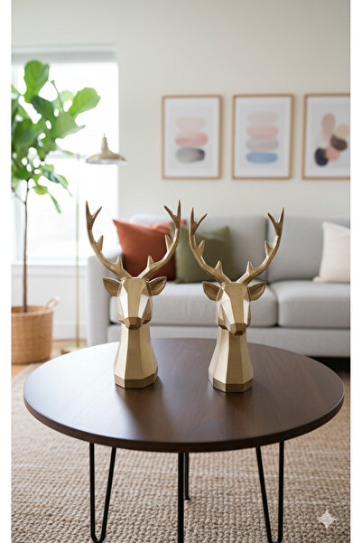 NocheLuz Altın Renkli Dekoratif 2li Geyik Figürü Set Modern Biblo