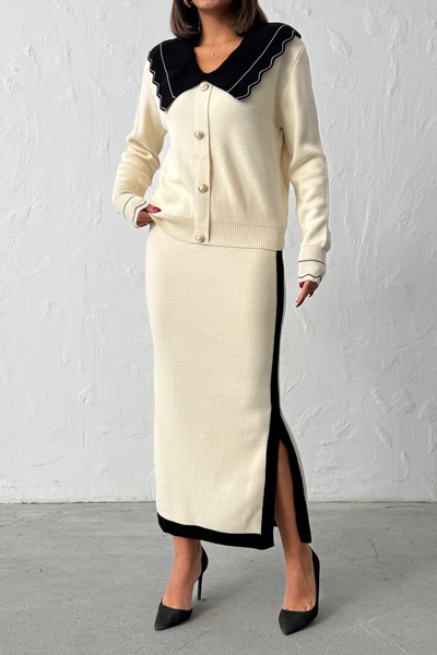 Lusin طقم تريكو نسائي إكرو - سترة صوفية وتنورة بتفاصيل طية صدر السترة الأنيقة