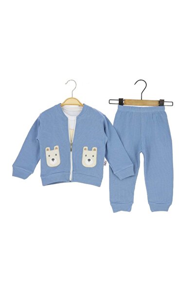 atabay Waffle Fabric Bear Embroidered Cardigan Triple Top and Bottom Set Indigo