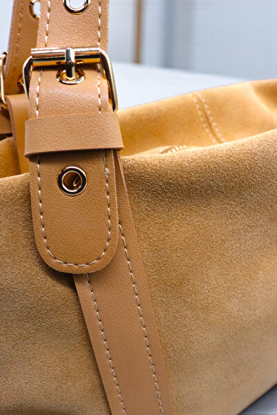 HFKY Women's Hand and Shoulder Bag. Mustard Suede Bag.