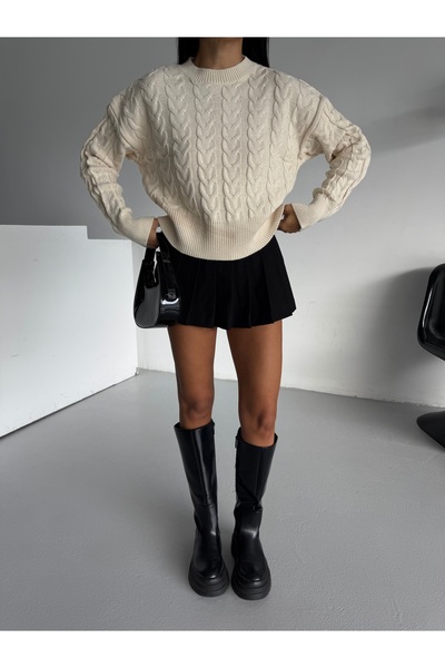 Gülçin Coşkun Γυναικείο πλεκτό πουλόβερ Crew Neck μεσαίου μήκους με πλέγμα μαλλιών