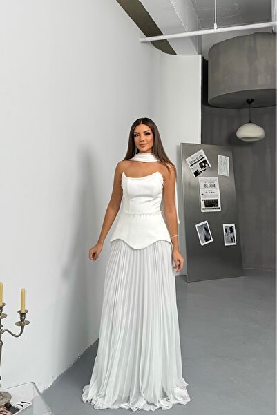 İyem Abiye Piliseli Krep İşlemeli Alt Şifon Tek Parça Şallı Abiye Elbise Dar Kalıp