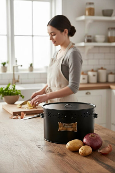 EVSTYLE Metal Bölmeli Patates Soğan Kovası - Siyah - 18 Lt