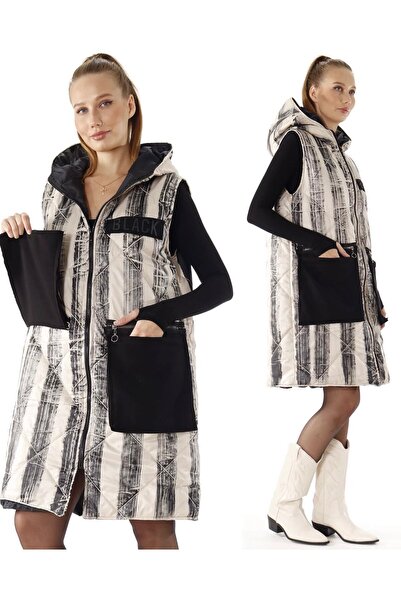 ELİZZA Women's Patterned Puffer Vest Modern Sport Style Zippered Black and White