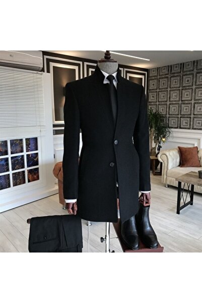 Mero Life Pánský černý kabát ze směsi vlny Slim Fit se stojatým límcem