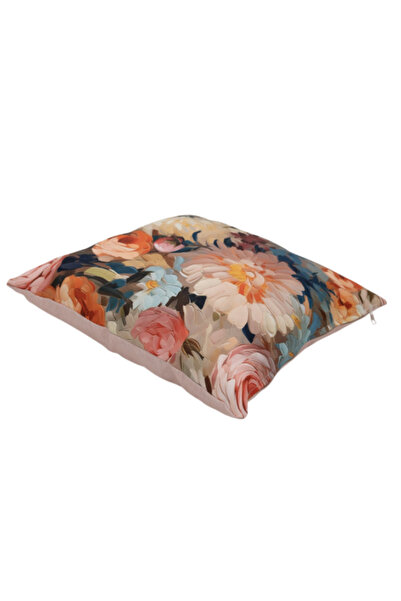 LOOM & LAUREL Krep Örgü Üzerine Yüksek Kaliteli Dijital Baskılı İçi Dolu Kırlent 45x43 Cm Pembe Çiçekli