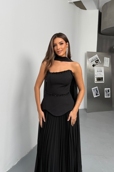 İyem Abiye Piliseli Krep İşlemeli Alt Şifon Tek Parça Şallı Abiye Elbise Dar Kalıp