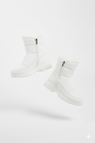 Zerenyus Snowly Beyaz Kaymaz Taban İçi Kürklü Fermuarlı Kar Botu