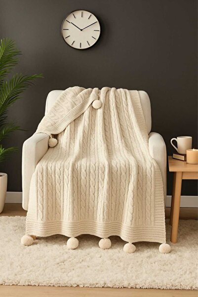 Home Triko Ponponlu TV Battaniye- Diz Şalı- Dokuma Koltuk Örtüsü