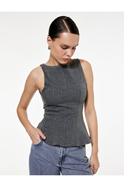 Koton Slim Fit Boat Neck Glitter Striped Sleeveless Peplum Blouse
