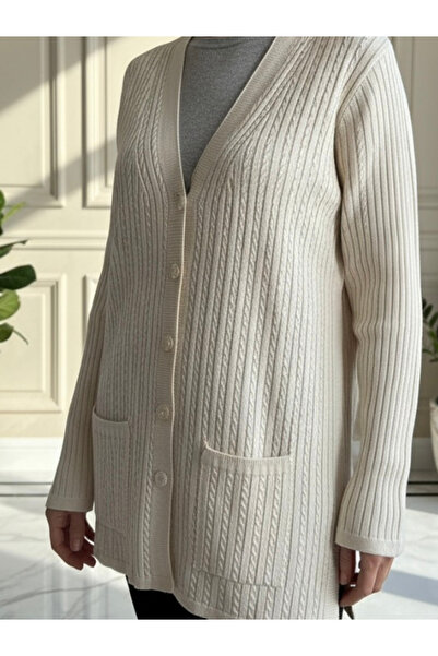 TİRİTEK Hair Braid Pattern Single Knitting Mother Cardigan / Cream