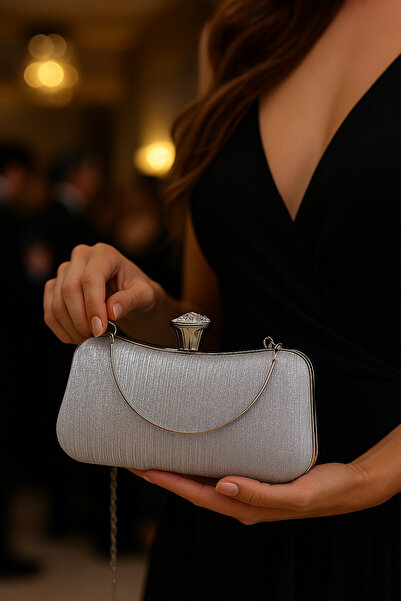 Millacom Silver Color Line Detailed Shiny Evening Dress Evening Bag