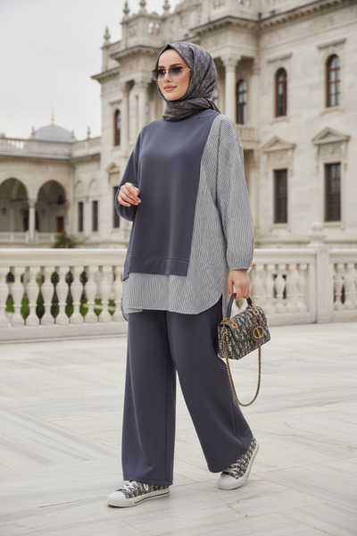 Aselim Hijap Moda Anthracite Gray Double Set - Shirt and Lightweight Pants