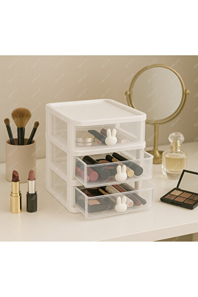 VİALEX Bunny 3 Çekmeceli Makyaj Organizeri - Bölmeli Fırça Kozmetik Makyaj Düzenleyici Organizer