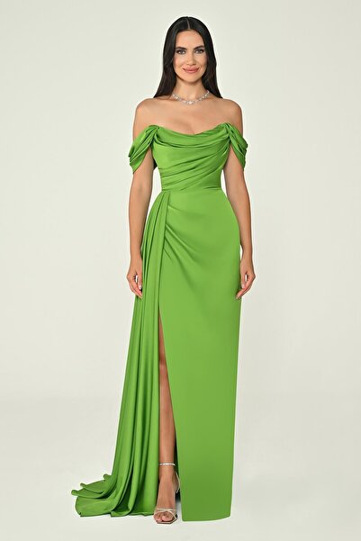 ALFABETA Women's Long Satin Evening Dress with Side Slit and Off Shoulder Prom Dress