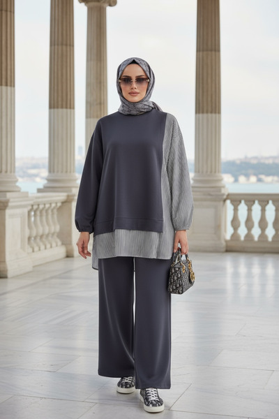 Aselim Hijap Moda Anthracite Gray Double Set - Shirt and Lightweight Pants