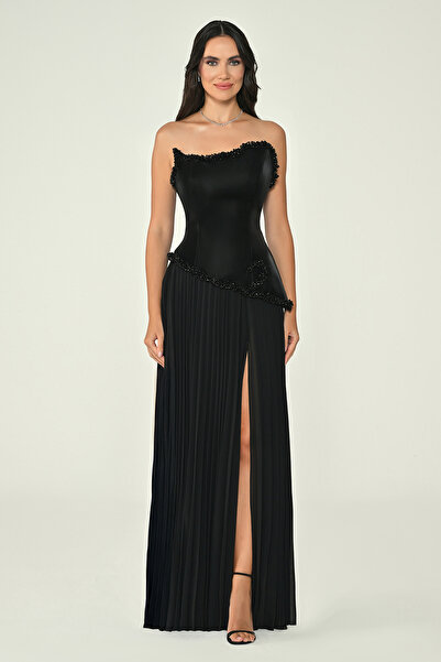 ALFABETA Strapless Black Evening Dress with Pleats and Front Slit