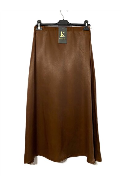 Kahra Collection Taba Rengi Midi Boy Şık Saten Etek