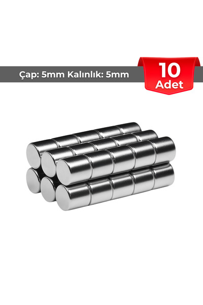 NeoHobi [10 Adet] Neodyum Mıknatıs Çap: 5mm Kalınlık: 5mm [D5x5] NdFeB Güçlü Mıknatıs – Yuvarlak [NM018]
