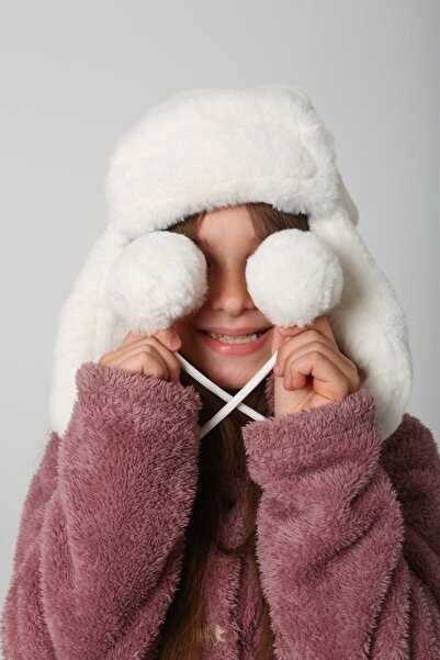 BALIENTE Дівчача шапка-бере - Екрю плюш, хутряна і з помпоном