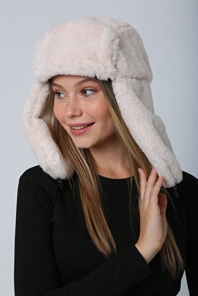 BALIENTE Beige Plush Women's Beanie Hat - with Faux Fur and Headphones