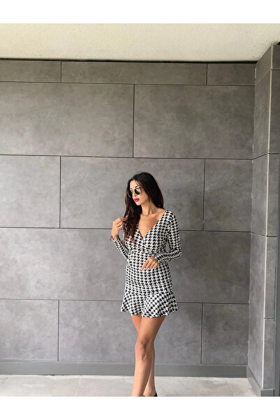 ESSE BUTİK Women's Long Sleeve Double Breasted Collar Houndstooth Micro Mini Length Dress