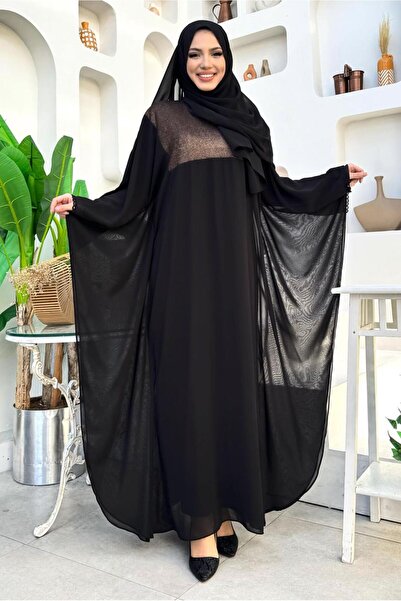 TRENDTESETTÜR KADIN SİYAH (SİYAH-GOLD) PELERİNLİ ŞİFON ELBİSELİ TAKIM T 0538