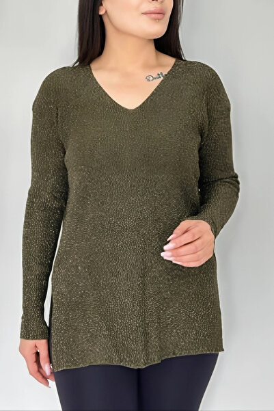 Bİ.GİYSEN Dámská khaki zelená lycra blůza s výstřihem do V, vnější strana s třpytkami, vnitřní strana měkká a tenká pletenina