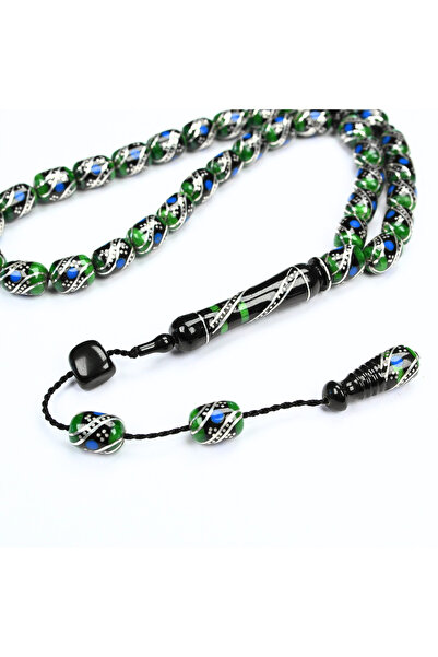 Genel Markalar Oltu Taşı ve Yeşil Galalith Çift Çeşmi İşlemeli Tespih