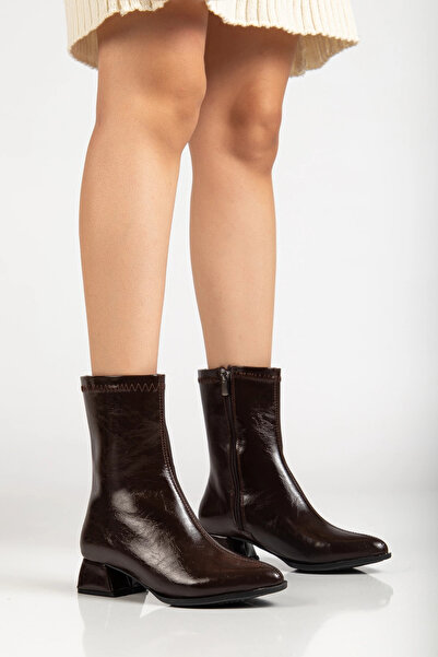 Halloween Kadın Kahve Sivri Burun Bot Kırışık Rugan Günlük Bot Boots