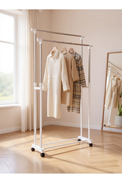 Living علاقة ملابس معدنية ورف ملابس مزدوج باللون الأبيض