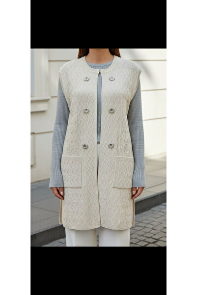 TEK Bisiklet Yaka Agraflı Yelek / Yeni Krem