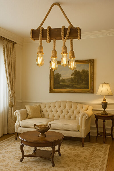 AHŞAP ATÖLYE Halat 4'lü Kütük Avize Görselle Birebir Ürün