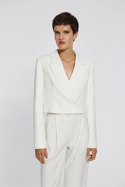 Saade Λευκό Γυναικείο Μπλέιζερ διπλό πέτο με κλειστή εφαρμογή, υφαντό, κομμένο στο κάτω μέρος - Κομψό & Αθλητικό