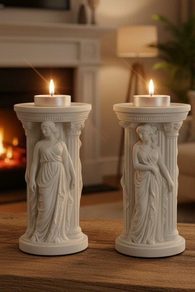 MİREVA Antik Yunan Stili Ikili Dekoratif Sütun Biblo Seti – Taş Tozu Heykel – Şık Ev Dekoru